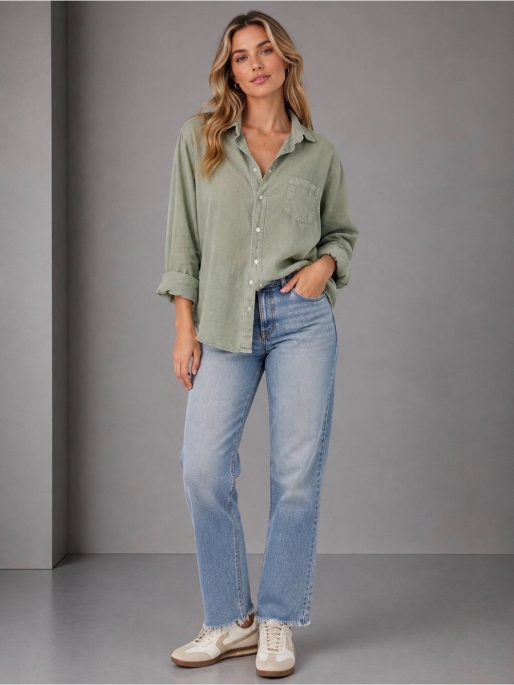 Frank & Eileen - Barry Woven Button Up in Washed Green XS B2951